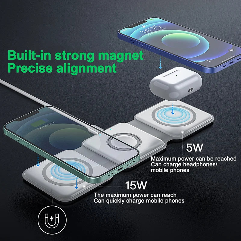3 in 1 Foldable Wireless Charger Pad Stand Magnetic Fast Charging Dock Station Apple iPhone/Watch/AirPods