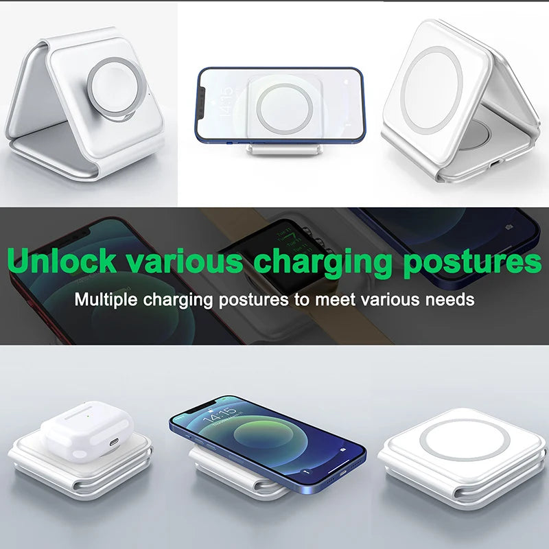 3 in 1 Foldable Wireless Charger Pad Stand Magnetic Fast Charging Dock Station Apple iPhone/Watch/AirPods